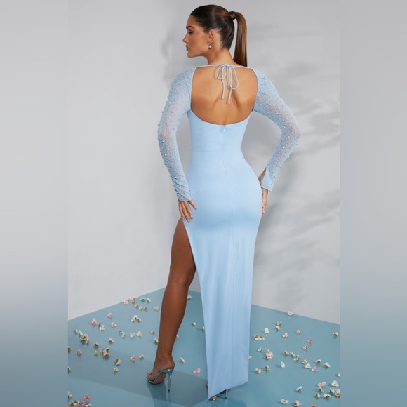 Oh Polly Blue Embellished Pearl Dress with Side Split - Picture 12 of 13